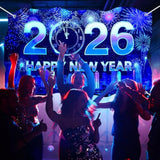Neon Happy New Year 2026 Banner 71x43in for Indoor & Outdoor Party Decor