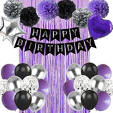 Black Purple And Sliver Happy Birthday Party Decorations Balloons, Purple Birthday Decorations With Banner Curtains For Women Men Boys Girls