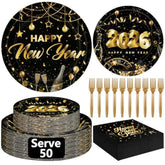 200 Pcs Nye Plates And Napkins Set, Disposable New Years Eve Party Supplies 2026, Black Gold 9" And 7" Plates Napkins Forks, Happy New Year Plates For Nye Decorations Gathering Celebration Serves 50