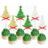 24pcs Christmas Tree Cupcake Toppers Green Glitter Picks for Holiday Parties