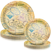 50 Pcs Travel Paper Plates Disposable Around The World Tableware 9'' And 7'' Airplane Adventure Dinner Dessert Plates Voyage Travel Themed Retirement Birthday Party Decoration Supplies