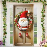 Christmas Santa Door Cover 71X35 Inch Front Porch Door Banners Decoration Red Plush Santa Wreath Background Hanging Banner For Holiday Indoor Outdoor Christmas Party Decor
