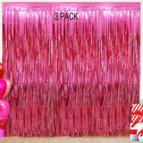 Valentines Day Party Decorations - 3 Pack Of 3.2X8.2Ft Hot Pink Foil Fringe Curtains Streamers Backdrop For Birthday Bachelorette Party Valentines Backdrop Decorations