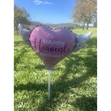 Pink Heart Balloon On A Stick With Purple "Heavenly" & Angel Wings β Memorial
