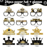 2026 New Year’s Eve 24-Piece Party Set with Black and Gold Hats and Glasses