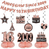11Pcs 16Th Birthday Decorations Kit For Girls Women, Rose Gold Happy 16Th Birthday Banner, Awesome Since 2009 Centerpieces Swirls Party Supplies, Sixteen Bday Banner Ceiling Table Topper Sign