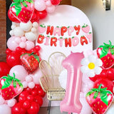 Strawberry 1st Birthday Decor Set Pink #1 Balloon, Banner & Foil Strawberries