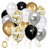 50 Pack Black Gold Silver 12 Inch Metallic Latex Balloons with Ribbon Party Decor