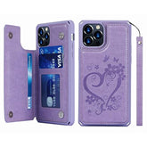Compatible With 12/12 Pro Wallet Phone Case With Card Holder For Women, Rfid Blocking Embossed Pu Leather Wrist Strap Case (Heart Purple)