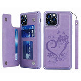 Compatible With 12/12 Pro Wallet Phone Case With Card Holder For Women, Rfid Blocking Embossed Pu Leather Wrist Strap Case (Heart Purple)
