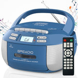 Boombox Cd Player Cassette Player Combo, Boom Box Portable Cd Players For Home With Bluetooth, Support Am Fm Radio/Remote Control/Aux/Usb/Earphone, Ac/Battery Operated, Lcd Display (Blue)