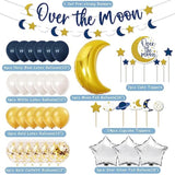 Over The Moon Baby Shower Decorations Space Party Banner Moon Star Cake Cupcake Toppers Navy Blue Gold Balloons For Twinkle Twinkle Little Star Outer Space First Birthday Supplies