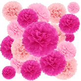 16Pcs Party Decorations - Hot Pink Pom Poms, Paper Flowers For Wedding, Birthday, Engagement Receptions & Bridal Shower