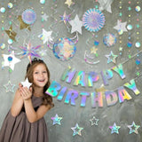 23 Pcs Iridescent Birthday Party Decorations, Disco Holographic Party Decorations Include Happy Birthday Banner Hanging Honeycomb Ball Paper Fan Snowflake Garlands Star Decoration