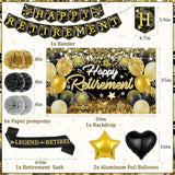 Happy Retirement Party Decorations For Men And Women - Black And Gold Banner, Backdrop Card, Sash, Hanging Swirls, Foil Balloons, Honeycomb Centerpieces