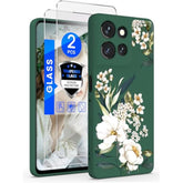 For Motorola Moto G Power 5G 2025 Case With 2X Tempered Glass Screen Protectors, Girls Women Florals Liquid Silicone Phone Case, Shockproof Antiscratch Soft Protection Case (Midnight Green)