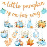 Little Pumpkin Baby Shower Decorations For Boy, Fall Blue Gender Reveal Decor, A Little Pumpkin Is On His Way Baby Shower Banner And Hanging Swirls