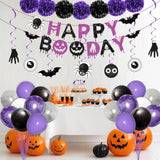 Halloween Party Decorations - Balloon Banner, Paper Pompoms, Cake Topper & Hanging Swirls