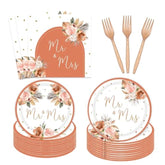 96Pcs Bohemian Pampas Wedding Party Supplies Terracotta Rust Floral Wedding Plates Napkins Red Forks Mr. And Mrs. Bridal Shower Paper Dessert Tableware Set For 24 Guests