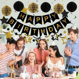 Birthday Decorations, Happy Birthday Banner With Honeycomb Balls, Star Hanging Swirl Streamers, Circle Dot Garland, Happy Birthday Party Decorations For Women Men Boys Girls (Black & Gold)