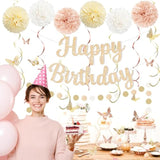 Champagne Gold Birthday Decorations For Women, Pre-Strung Happy Birthday Banner With Tissue Paper Pompoms?Hanging Swirl Streamers, 3D Butterfly Decorations, Beige Boho Birthday Party Supplies