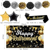 22Pcs Happy Retirement Party Decorations For Men And Women- Black And Gold Banner, Backdrop Card, Sash, Hanging Swirls, Foil Balloons, Honeycomb Centerpieces