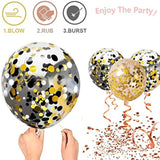 50 Pc Black Gold White Confetti Balloons 12 Inch with Ribbons for Party Decor
