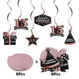 Happy 15Th Birthday Decorations - 12Pcs Birthday Black & Rose Gold Foil Swirls Streamer Set,Cheers To Fifteen Years Old Bday Party Decorations Gift Sign.