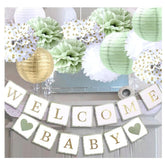 Baby Shower Decorations,Welcome Baby Banners Paper Lantern Paper Flower Pom Poms?Sage Green Gold White?