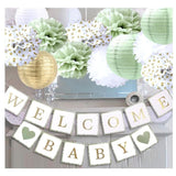 Baby Shower Decorations,Welcome Baby Banners Paper Lantern Paper Flower Pom Poms?Sage Green Gold White?
