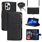 For Iphone 13 Pro Phone Wallet Case With Card Holder, Crossbody Strap Shoulder Lanyard, Zipper Pocket Pu Leather Case, 6.1" Black