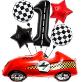1st Racecar Birthday Set – Red Car, Number 1 & Checkered Balloons