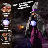Halloween Animatronics Decorations Hanging Talking Witch, 67'' Animated Witches with Sound & Motion Activated, Creepy Sound, Glowing Crystal Ball & Lighted Eyes for Indoor Outdoor Haunted House Props