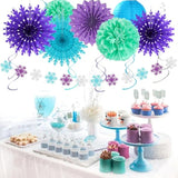 Winter-Wonderland Christmas-Snowflake Frozen Birthday Party-Decorations - 21Pcs Happy Banner,Blue Purple Teal Paper Lanterns Honeycomb Streamers,Tissue Pom Poms Flower Fan,Hanging Decor