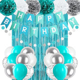 Teal Blue And Silver Happy Birthday Party Decorations For Men Boys Women Girls, Turquoise Aqua Teal Décor Supplies For Him Her 13Th, 16Th 18Th 20Th 21St 25Th 30Th 40Th 50Th 60Th Birthday Party