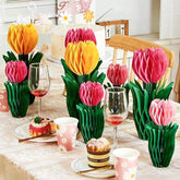 8 Pcs Tulip Flower Centerpieces For Tables,Spring Party Decorations For Office,Garden Paper Flower Tulip Honeycomb Decor Spring Home Decoration Pink Yellow Flower For Mother Day.
