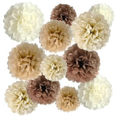 Brown Paper Pom Poms, Caramel Party Decorations Boho Ivory Beige White Tissue Paper Pom Poms For Rustic Neutral Birthday Western Graduation Birthday Wedding Baby Shower 12Pcs, Variety Pack
