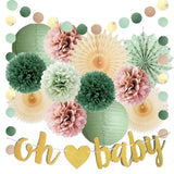 14pcs Dusty Rose Sage Baby Shower Decor with Pom Poms, Lanterns & Banner