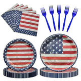96 Pieces 4th of July Plates and Napkins Set, Vintage American Flag Disposable Tableware with Paper Plates Napkins and Forks for BBQ Picnic Party, Serves 24