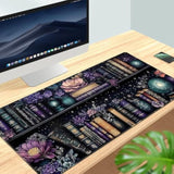 Purple Flowers Bookshelf Desk Mat Bookish Desk Pad Celestial Floral Books Large Mouse Pad Xxl Extended Mousepad Aesthetic Keyboard Pad Crystal Globe Mouse Mat 31.5X15.7 In Office Decor For Women