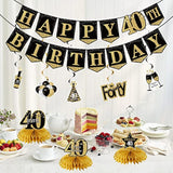 40Th Birthday Banner Decorations For Men Women, 10Pcs Happy 40 Birthday Banner Honeycomb Centerpiece Swirls Kit, Black Gold Forty Bday Ceiling Table Topper Sign Party Supplies