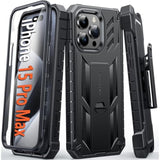 For Iphone 15-Pro-Max Phone Case 6.7", Built-In Screen Protector & Kickstand & Belt-Clip Heavy Duty Military Grade Shockproof Protection Rugged Case - Black