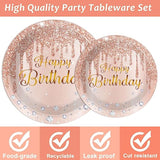 96 Pieces Happy Birthday Tableware Set For Pink Rose Gold Table Decorations Supplies Dessert Plates Napkins Forks Women 24 Guests Disposable Party Favors