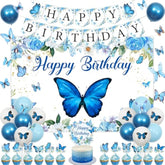 Blue Butterfly Birthday Party Decorations For Girls, Butterfly Happy Banner Backdrop Balloons Cake Cupcake Toppers Wall Stickers For Girl Butterfly Theme Birthday Party Decoration