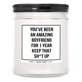 You Nique Designs 1 Year Anniversary Candle For Boyfriend, 9 Ounces, One Year, 1 Year Boyfriend Anniversary Candle, White All Natural Soy Vegan Aromatherapy Candles Scented (Eucalyptus & Spearmint)