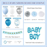 36pcs Blue Baby Decorations Grey Pom Poms, Silver & Blue Balloons, Banner