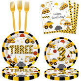 80 Pcs Construction 3Rd Birthday Decorations Construction Three Years Old Disposable Paper Dinner Plates Napkins Forks Dinnerware For Dump Truck Theme 3Rd Bday Party Supplies Decorations