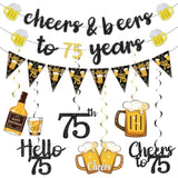 Black and Gold 75th Birthday Decorations with Banner and Hanging Swirls for Men