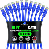 Maximm Cat 6 Ethernet Cable 10 Ft, (12-Pack) Cat6 Cable, LAN Cable, Internet C