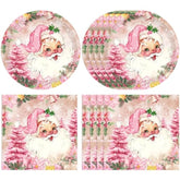 40 Pcs Merry Christmas Plates And Napkins Sets Cute Winter Christmas Round Disposable Tableware Pink Chrismas Paper Plates And Napkins For Holiday Xmas Theme Party Supplies Table Decor, Serves 20